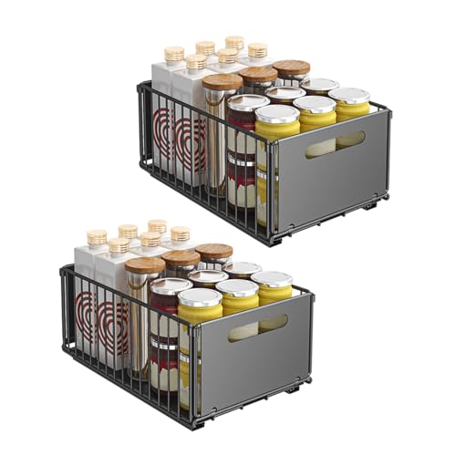 HUOLE Organisateur sous Evier Cuisine, Meuble De Rangement, Rangement Coulissant sous Evier Réglable en Hauteur, pour Cuisine Et Salle De Bain,Noir - 38 x 25 x 19 cm (2 pièces)