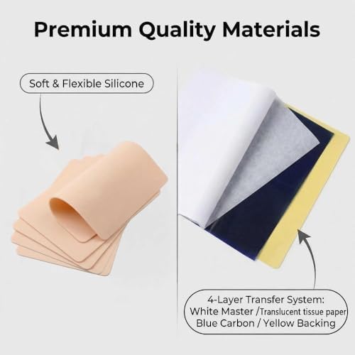 20 Pcs Tattoo Practice Kit, 5 Silicone Fake Skins & 15 Transfer Paper Sheets for Beginners, Practice Set for Tattoo Artists - 2