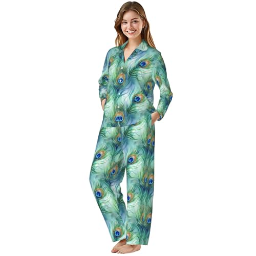 Image of Women'S Long Sleeve Pajama Set Soft Loungewear Button-Down Top & Elastic Waist Pants S- 2XL