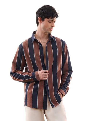 Image of The Souled Store: Echo Men and Boys Long Sleeve Spread Collar Beige and Blue Striped Regular Fit Casual Easy to Wear Summer Ready Lightweight Cotton Linen Shirt
