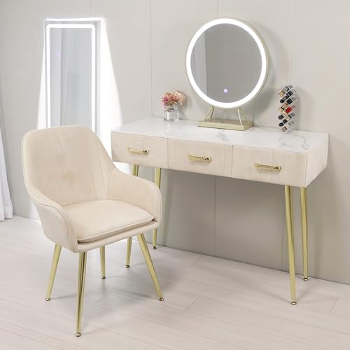 ドレッサー コンパクト お姫系 鏡台 化粧台収納 ベロア椅子 北欧風 オシャレ LEDミラー 化粧テーブル 収納付き セット J108 (100cmデスク+ベロア椅子+LEDミラー(3点), ベージュ)