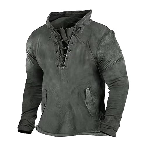 JEShifangjiusu Men Casual Henley Tshirt Long Sleeve Outdoor Military Tactical Hoodie Retro Lace Up Pullover Hooded Sweatshirt