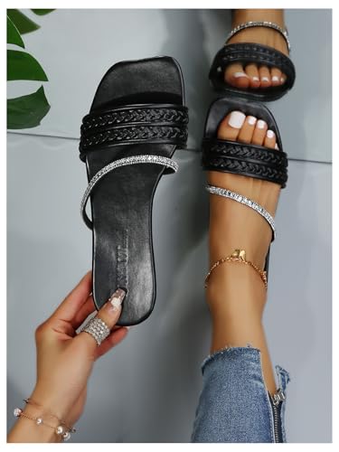 Image of GORGLITTER Women's Rhinestone Sparkly Flat Sandals Glitter Strappy Wedding Braided Prom Leather Square Toe Slide Shoes