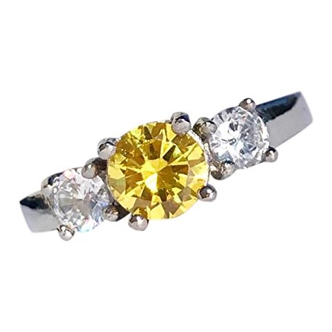 Birthstone Ring~November~Stainless Steel~3 Stone~Cubic Zirconia CZ~Citrine~Yellow Crystal~Mother's Ring~Fashion Ring~Women's Jewelry (6) (6) Cover