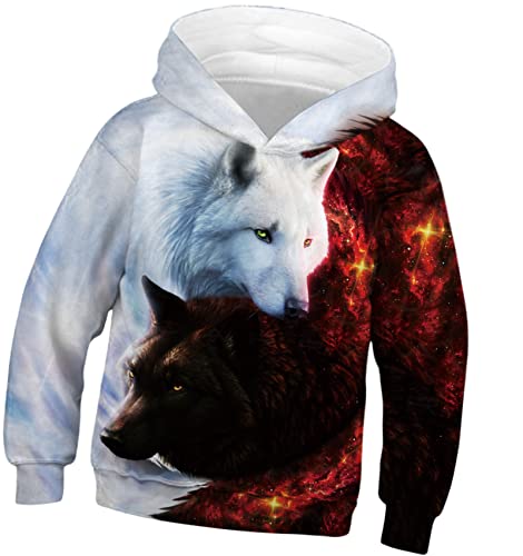 Faringoto Pulôver casual para meninos meninas moda moletom com capuz 5-16 anos, Lobo 03, M