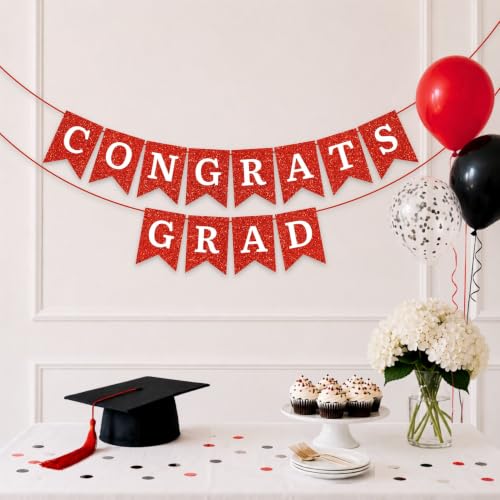 Image of Pre-Strung Congrats Grad Banner - Red Glitter Graduation Party Banner