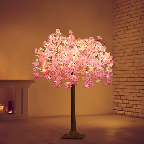 OUSHENG Lighted Cherry Blossom Tree LED Artificial Trees for Decoration Inside, Light up Fake Plant with Faux Flower for Home Wedding Party Festival Christmas Indoor Decor, Pink, 4FT