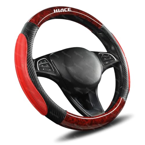 ハイエース ハンドルカバー カーボン×木目調 ステアリングカバー ハイエース 200系 3型 4型 5型 6型 おしゃれ 通気性がよい 滑り防止 ハンドル 保護カバー O型 ホイールカバー カスタム インテリア 車用品(レッドOタイプ)