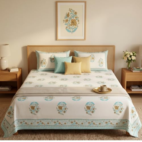 Image of Naksh Bedsheet Queen Size Bed Cotton | Royal Sajawat Turquoise Floral Bedsheet with 2 Pillow Covers | Pure Cotton Bedsheets for Queen Size Bed | Elegant Cotton Bedding Set for Double Bed