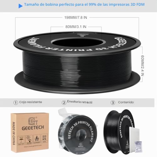 Miniatura 6 de GEEETECH Filamento PLA 1,75mm para impresora 3D, 1kg carrete, Negro
