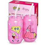 Dragon Glassware x SpongeBob SquarePants 16 oz Drinking Glasses Set of 2 - Glass Cups with Lids and Straws - Iced Coffee Cups with Lids - Reusable Glass Tumbler with Straw and Lid - SpongeBob - Pink