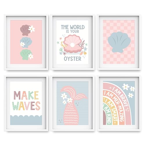 Image of Hadley Designs 6 Mermaid Room Decor for Girls - Mermaid Wall Art for Bedroom and Bathroom, Unframed Under the Sea Prints for Girls Bedroom, Kids Room Decor Posters, Made in USA