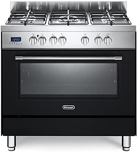 Cocina de gas con horno eléctrico ventilado, N° 5 fuegos, 90 x 60 cm, negro