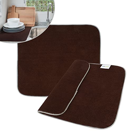 SINLAND Microfiber Dish Drying Mat Super Absorbent Dish Drying Pad for Kitchen Counter, Mat for Countertops or Sinks 16Inch X 18Inch Brown 2 Pack