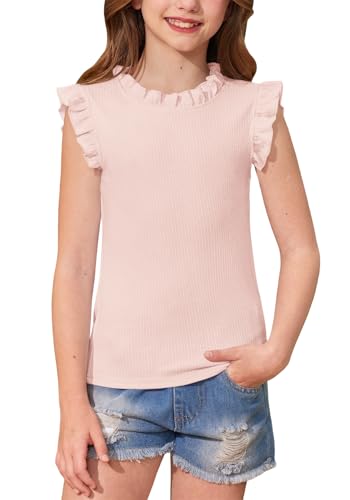 BesserBay Girls Summer Flutter Sleeve Shirts Knit Ruffle Collar Slim Fit Casual Vertical Texture Tank Tops 5-14 Years