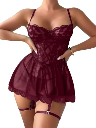Image of Lilosy Sexy Garter Belt Mesh Lace Babydoll Lingerie Dress Set with Thong