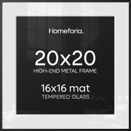 Image of Homeforia 20x20 Picture Frame Black, High End Metal 20x20 Square Poster Frame Matted to 16x16 Print, 20 x 20 Black Frames with Mat 16 x 16 Photo, 20by20 Thin Frames, Tempered Glass, Wall Kit, Set of 3