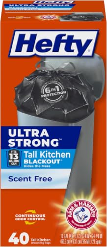 Image of Hefty Ultra Strong 13 Gallon Trash Bags,Black Tall Kitchen Trash Bags 13 Gallon Size,Break Resistant Drawstring Enclosure,Continuous Odor Control,Blackout,Unscented,40-Bags,(Pack of 6)