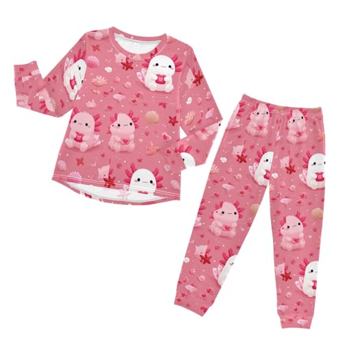 Cute Axolotls Pink Hearts Soft Pajama Set for All Seasons,Breathable Pjs Long Sleeve Sleepwear,Comfy Loungewear 2 Piece Underwear Set 3T