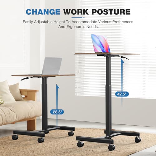 Image of OLIXIS Mobile Standing Desk with Wheels Small Rolling Laptop Desks Portable Pneumatic Adjustable Height Sit Stand Table Computer Workstation for Home Office Rustic Brown