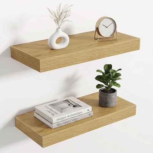 Image of Acovy 16in Long Floating Shelves for Wall Set of 2, Wood Wall Shelves for Bathroom Bedroom Kitchen Living Room Laundry Room, Modern Floating Shelf for Home Decor