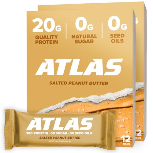 Image of Atlas Real Food Protein Bar - 20g Clean Protein, 0g Sugar, No Seed Oils, No Artificial Sweeteners (Salted Peanut Butter, 24 Count)