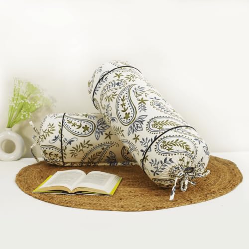 Image of AURAVE Cotton Printed Paisley Bolster Cover with Drawstring Closure, Set of 2, Soft Breathable Durable Machine Washable for Sofa Bed & Home Decor, 15 inchx30 inch, Blue | Cover Only
