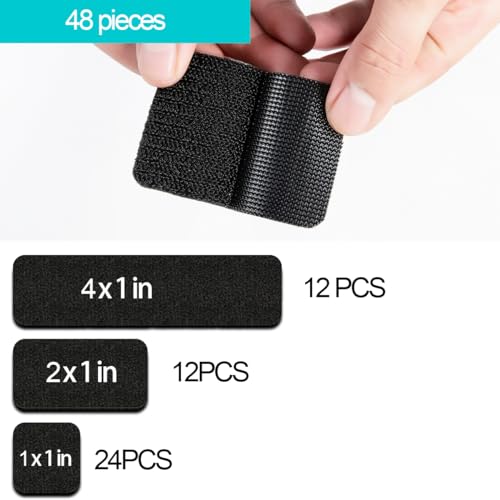 Image of Hook and Loop Tape Black 48 Sets Double Sided Adhesive Strips Heavy Duty Industrial 1'' x 1'', 2'' x 1'', 4'' x 1''
