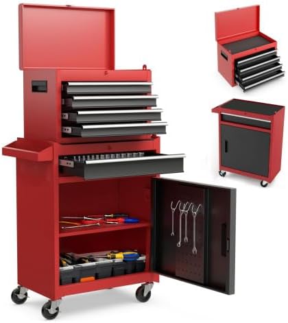 Tool Chest, 5-Drawer Rolling Tool Storage Cabinet with Detachable Top Tool Box, Liner, Universal Lockable Wheels, Adjustable Shelf, Locking Mechanism, Metal Tool Cart for Garage Workshop