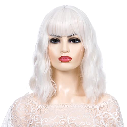 Peluca Blanca Corta con Flequillo, TANTAKO Peluca Bob Blanca Ondulada Corta para Mujer Peluca Sintética para Mujer Cover
