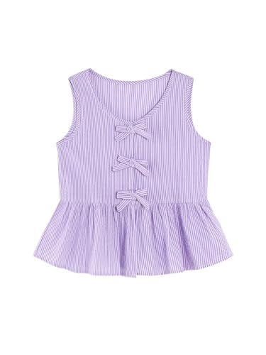 Image of Girls Sleeveless Striped Shirts Bowknot Tank Tops Cotton Peplum Babydoll Top
