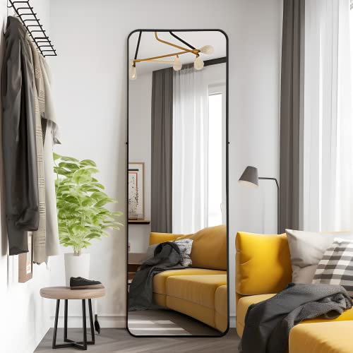 Image of NeuType 65 inchx22 inch Full Length Mirror Floor Mirror with Stand Large Bedroom Mirror Wall-Mounted Mirror Standing or Leaning Against Wall Aluminum Alloy Frame Dressing Mirror, Black, Round Corner