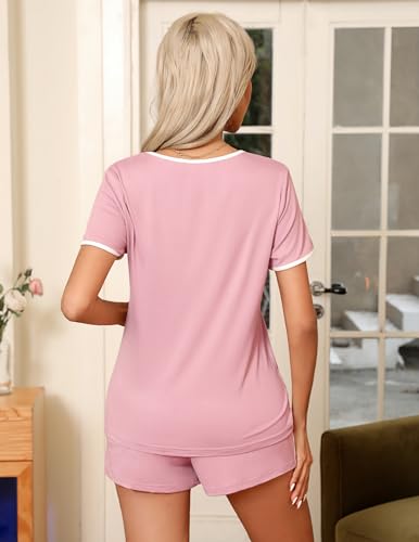 Image of Ekouaer Pajama Set for Women 2 Piece Lounge Set Short Sleeve Tops and Shorts Soft Sleepwear, Chest Pocket
