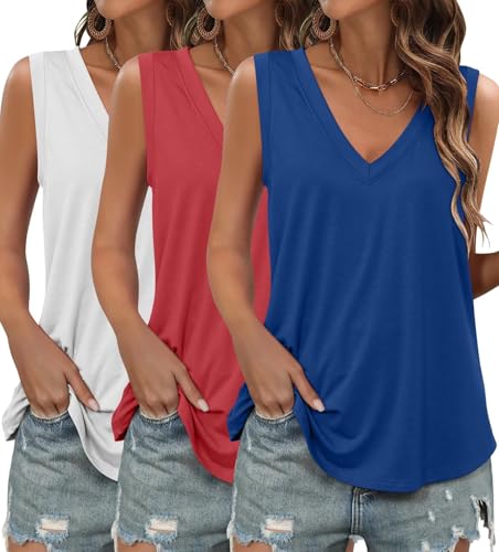 KKJ 3 Pack Womens Tank Tops Workout Summer Vacation Outfits V Neck Loose Sleeveless Blouse Casual Shirts Fall Fashion Clothes