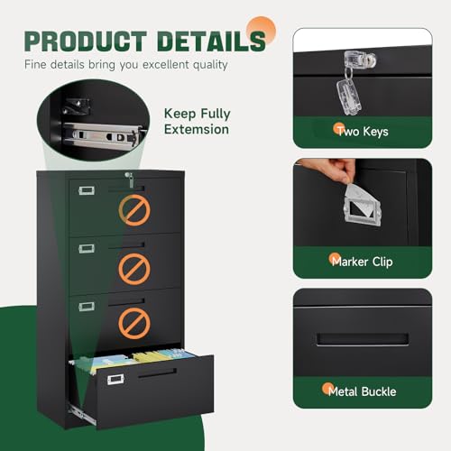 Image of Letaya 4 Drawer File Cabinets with Lock,Metal Lateral Filing Storage Cabinet Printer Stand,Black Steel Home Office Cabinet for Hanging Files Letter /Legal /A4 Size (Black, H51.73xW28.35xD15.74)