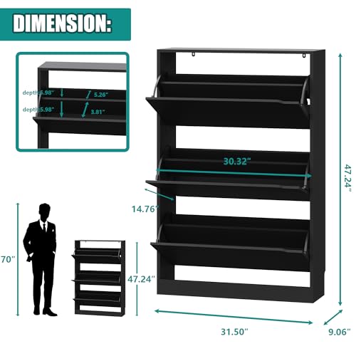 Shoe Storage Cabinet for Entryway with 3 Flip Drawers, Sturdy Wood Hidden Shoe Storage, Freestanding Narrow Slim Shoe Organizer for Front Door Entrance, Living Room, Hallway, Bedroom, Black