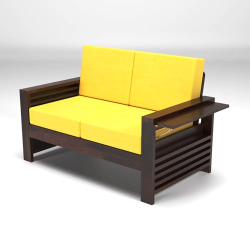 Image of Sheesham Wooden 2 Seater Sofa for Living Room | Rosewood 2 Seater Cushion Sofa with Side Teapoy for Home & Office | Solid Wood Sofa Set for Lounge (Honey,Beige,2 Seater)