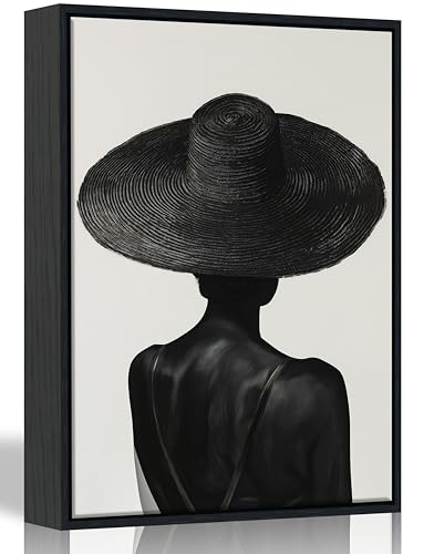 Framed Abstract Black Woman with Wide Brim Hat Canvas Wall Art - Minimalist Monochrome Prints Artwork,African American Woman Painting Picture Wall Decor for Living Room Bedroom - Ready to Hang 12x16in