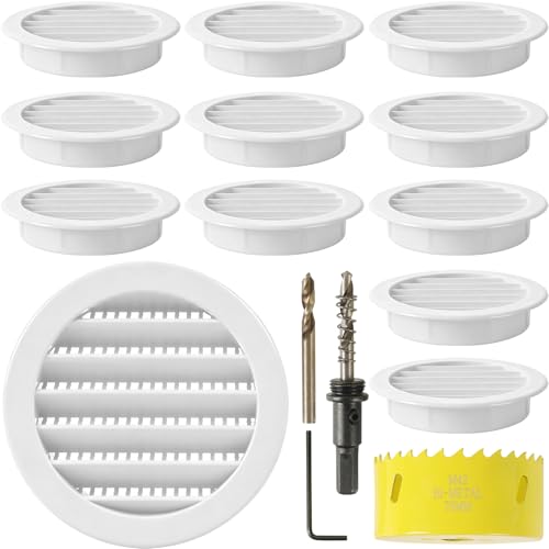 Calvana 12 Pack 3 Round Soffit Vent Covers with Screen White Plastic Louver Grille + 3 Hole Saw Kit (72mm Bi-Metal) for Wood Metal Plastic Ventilation & Reptile Enclosure Use White