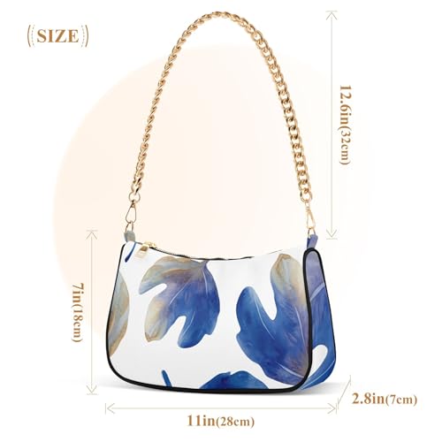 Watercolor Blue Fig Leaves White Handbag Medium Womens Aesthetic Shoulder Bag Crossbody Purse Zipper Closure Chain Strap3