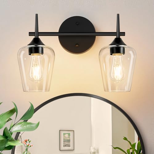 Image of MOKATNG 2-Light Bathroom Light Fixtures, Black Vanity Lights for Bathroom with Clear Glass, Bathroom Lighting Fixtures Over Mirror, Modern Wall lamp for Cabinet Hallway