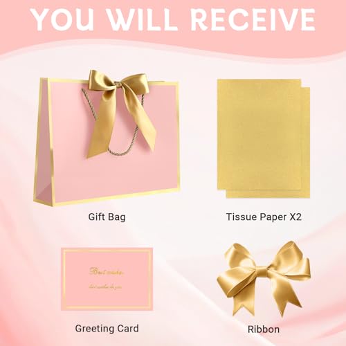 Image of JMANNI Gift Bags with Handles, 13 inch Medium Gift Bags with Tissue Paper | 1 Pcs Pink Bag, 2 Tissue Paper and 1 Cards, for Baby Shower, Wedding Bridal Shower, Birthday Party