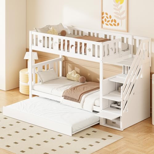 Mrwoo Kinderbett Etagenbett 90×200 cm, Ausziehbett 90×190 cm mit Stauraumhaltiger de Sicherheitstreppe, Lattenrost, Holzbett, Jugendbett, weiß...