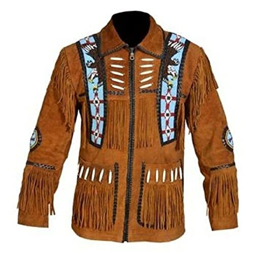 R M Western Cowboy Leather Jacket For Men's Fringes Bones & Suede Beaded Native American -Brown (Medium)