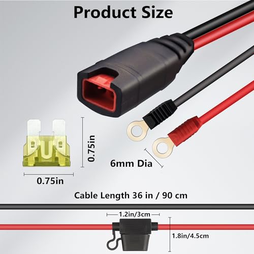 Image of 16AWG 3FT Charger Cable, Wire Harness Compatible with NOCO GC002 X-Connect M6 (1 /4in) Eyelet Terminal Connector Accessory Genius Smart Battery Chargers