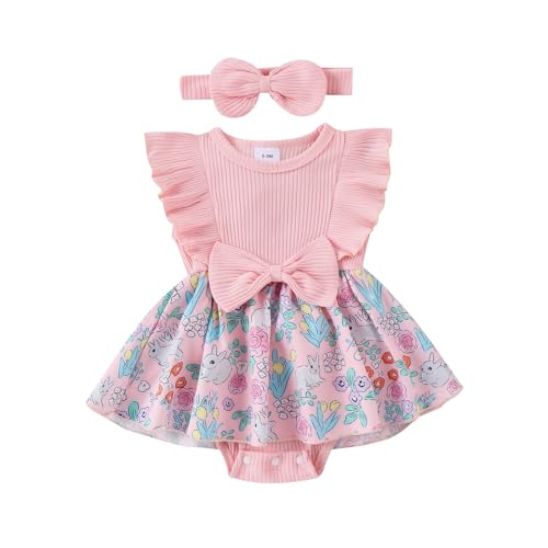 Image of FYBITBO Infant Baby Girls Easter Outfit Ruffle Short Sleeve Rompers Toddler Easter Dress Spring First Easter Girl Clothes