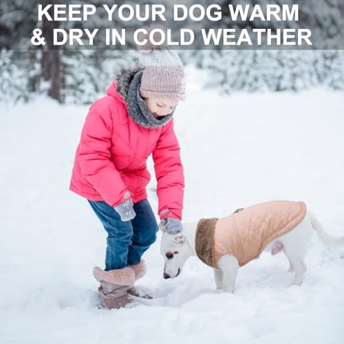 Image of BEAUTYZOO Warm Dog Puffer Jacket Vest, Dog Winter Coat with Harness, Pink L | Puffer Jacket Vest with Built-in Harness & Fur Collar, Padded Fleece, Windproof Waterproof, Small Medium Puppy in Snow & Cold