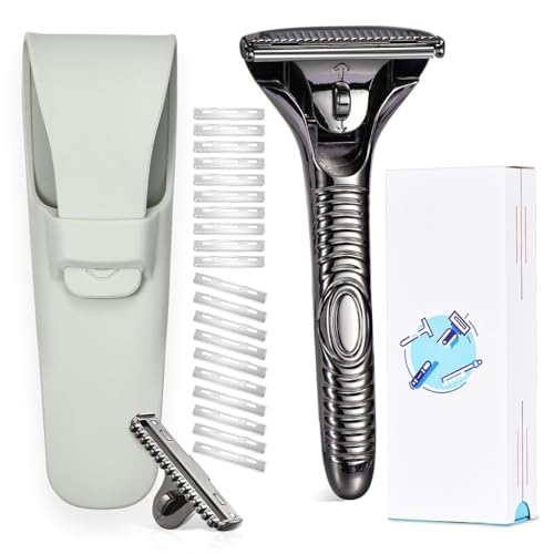 MYITKHT Magnetic Safety Razor for Men Single Blade Face Shaver with 2 Interchangeable Heads Smooth Roller Design Durable Metal Safety Razor Kit with 20 Blades - Black