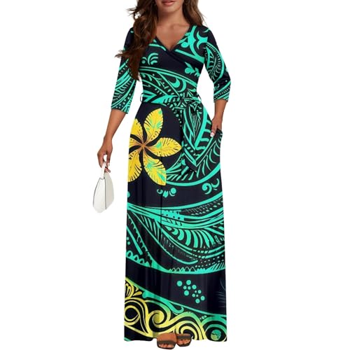 V-Neck Hawaii Dresses for Women Tie Front 3/4 Sleeve Maxi Dresses Plus Size S - 5XL