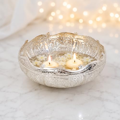 Image of Decorative Embossed Urli German Silver Bowl | Aluminium Urli Pot for Floating Flowers and Tea Light Candles Home Office Diwali Decoration Items Medium 10inch